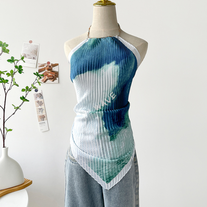 Ženski halter top s otiskom slike ulja, kratki satenski top za ljeto 2025