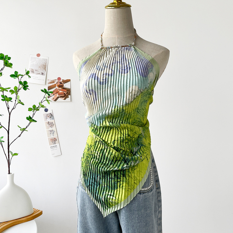 Ženski halter top s otiskom slike ulja, kratki satenski top za ljeto 2025