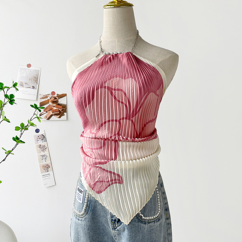 Ženski halter top s otiskom slike ulja, kratki satenski top za ljeto 2025
