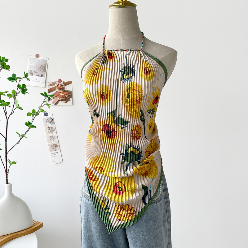 Ženski halter top s otiskom slike ulja, kratki satenski top za ljeto 2025