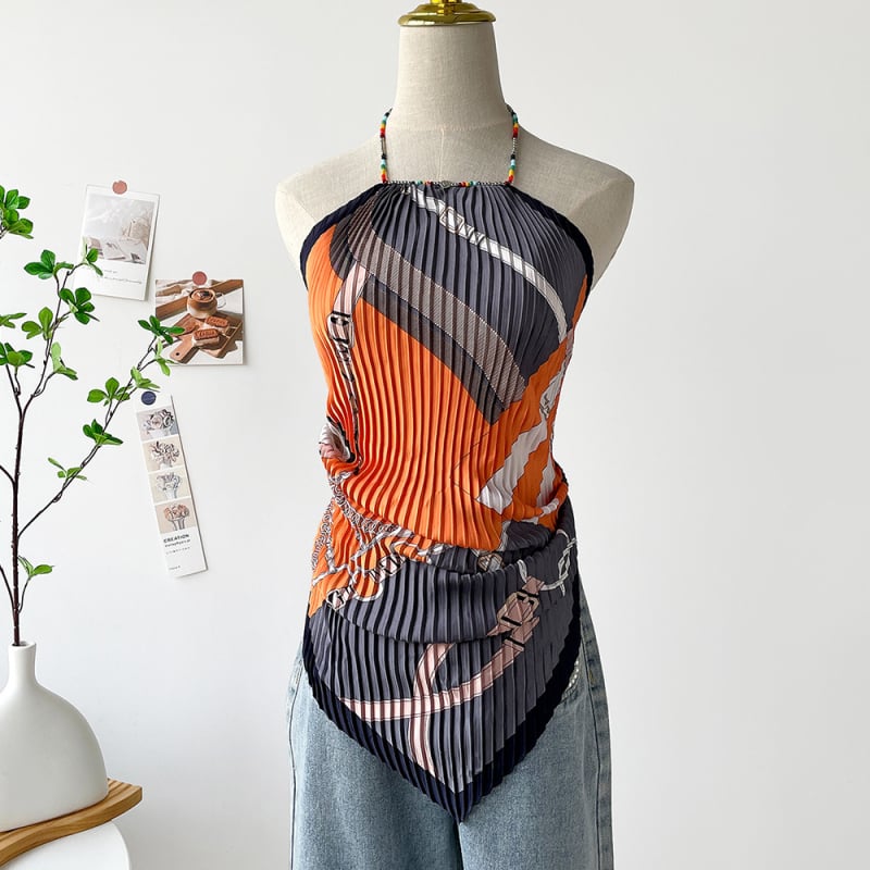 Ženski halter top s otiskom slike ulja, kratki satenski top za ljeto 2025