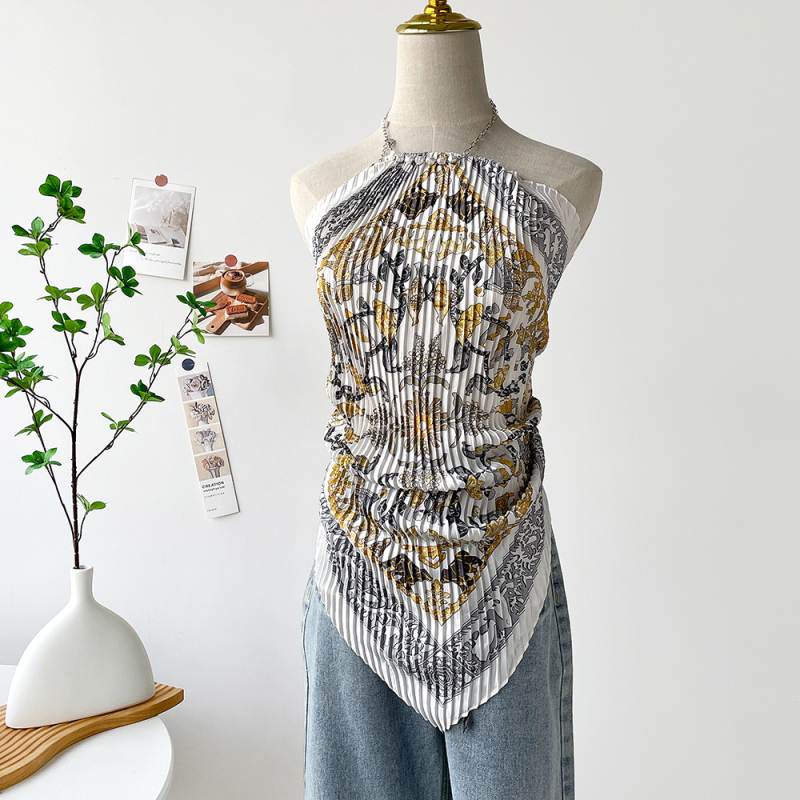 Ženski halter top s otiskom slike ulja, kratki satenski top za ljeto 2025