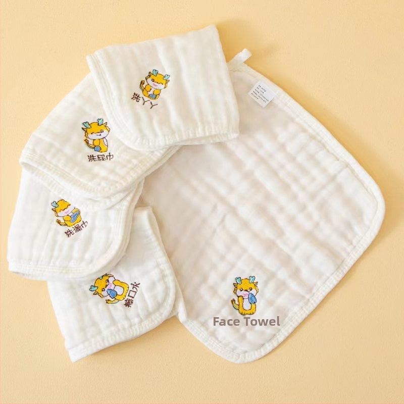 Kokvilnas bērnu marles dvieli ar karikatūras tīģera izšuvumu, sešslāņu, 30 g, 40s diegs