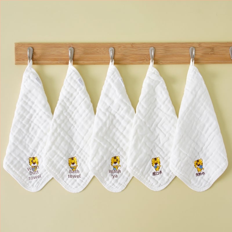 Kokvilnas bērnu marles dvieli ar karikatūras tīģera izšuvumu, sešslāņu, 30 g, 40s diegs