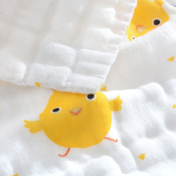 Kokvilnas gāze bērnu dvielis, diegu specifikācija 40, plakanais audums ar apdruku, viegls zem 50 g, logotipa personalizācijas iespēja