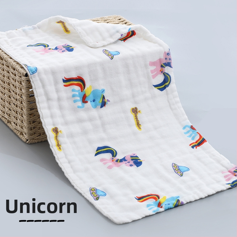 Kokvilnas gāze bērnu dvielis, diegu specifikācija 40, plakanais audums ar apdruku, viegls zem 50 g, logotipa personalizācijas iespēja