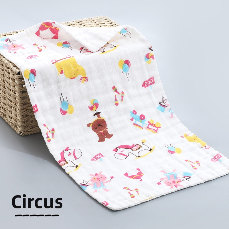 Kokvilnas gāze bērnu dvielis, diegu specifikācija 40, plakanais audums ar apdruku, viegls zem 50 g, logotipa personalizācijas iespēja