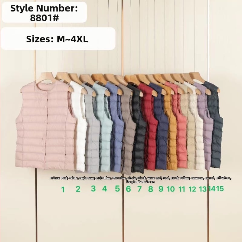 Moteriška liemenė iš antis pūkų, apvalus kaklas, vienos eilės užtrauktukas, pūkų sudėtis 50%, ilgis 50–65 cm