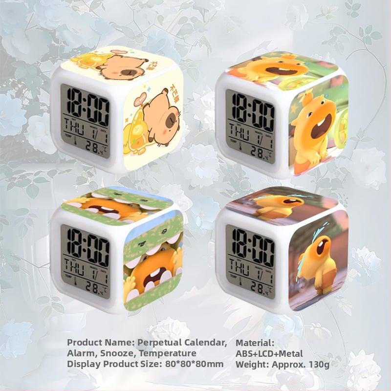 Négyzet alakú diák ébresztőóra LCD kijelzővel, hőmérővel, sötétben világító és örökös naptárral.