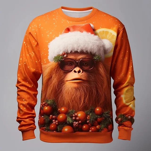 3D digitālais druku Ziemassvētku elka karikatūru džemperis ar apaļu kaklu, garām piedurknēm, brīvs piegriezums