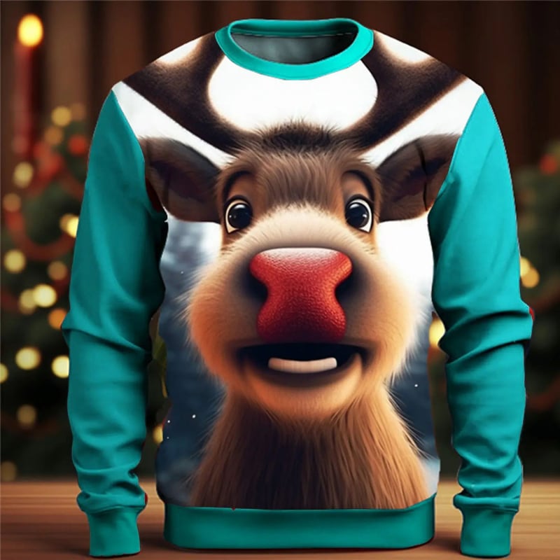 3D digitālais druku Ziemassvētku elka karikatūru džemperis ar apaļu kaklu, garām piedurknēm, brīvs piegriezums