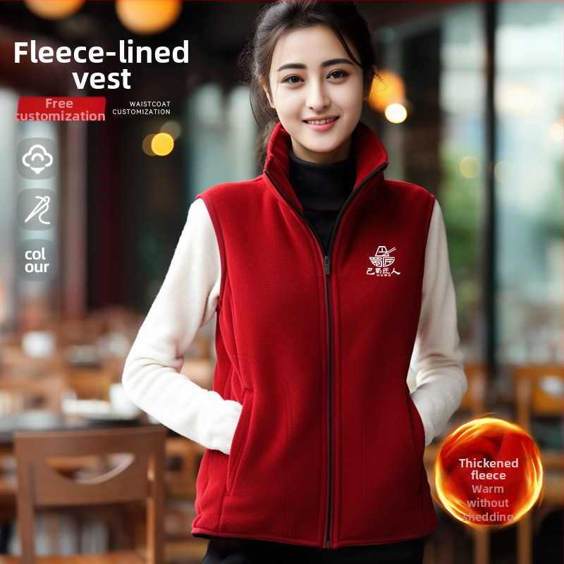 Работна жилетка от полиестер със флисово подплътяване, стояща яка, цип за закопчаване, странични джобове, за есен и зима