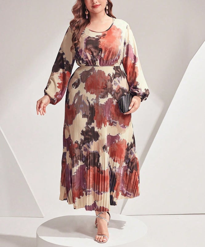 Polüesterist trükkleit, ümmarguse kaelusega, pikad varrukad, pikk seelik