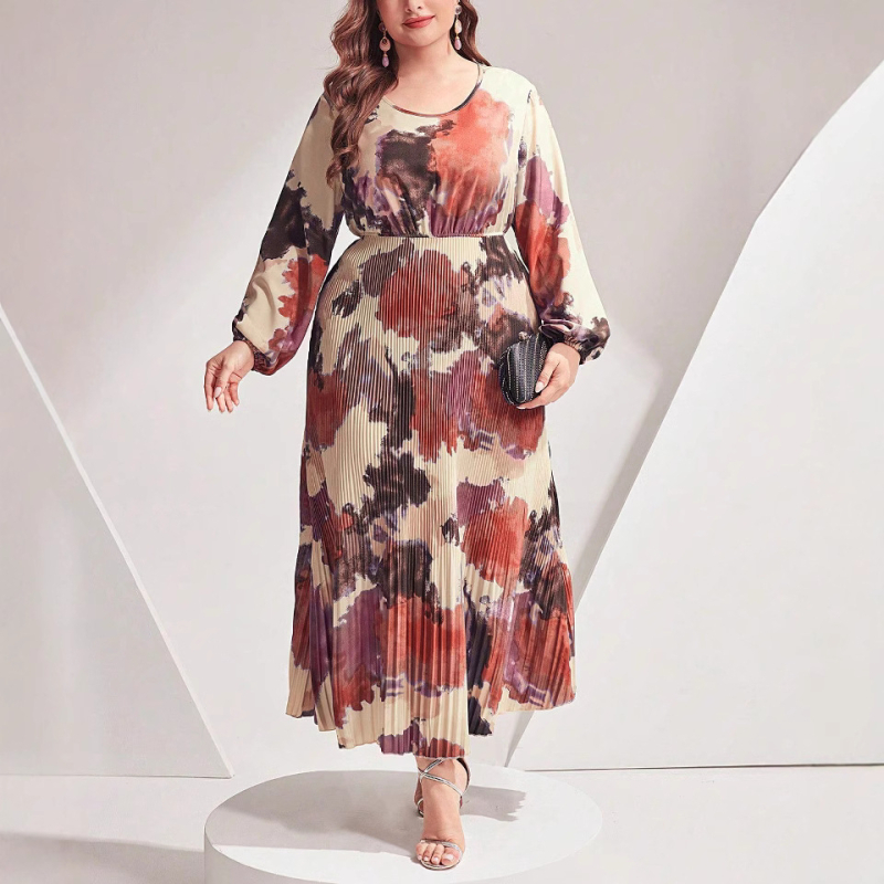 Polüesterist trükkleit, ümmarguse kaelusega, pikad varrukad, pikk seelik