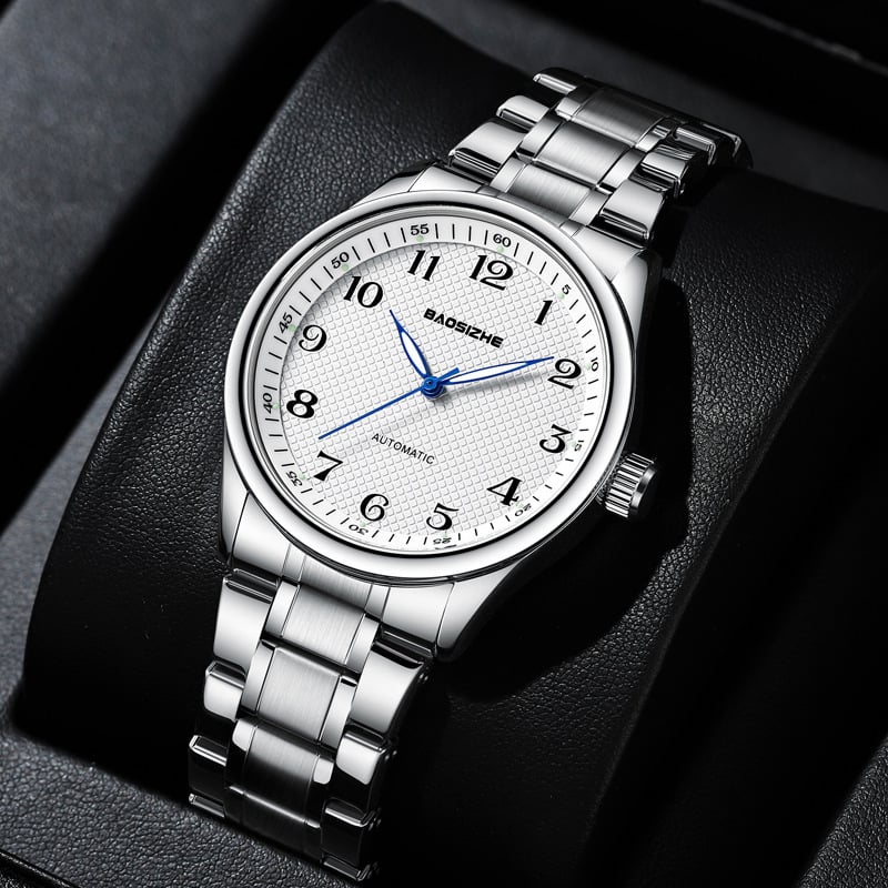 Bao Sizhe Pāris pulksteņi ar automātisko mehānismu, kalendārs un nedēļas rādītājs, gaismas rādītāji, īsta ādas siksna, ūdens izturība 30m