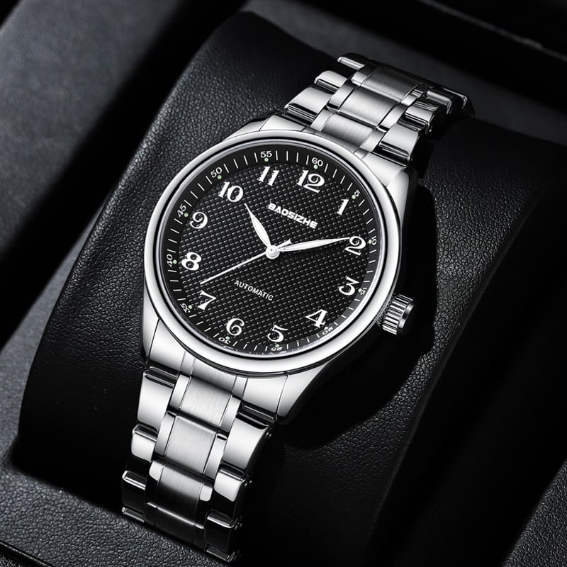 Bao Sizhe Pāris pulksteņi ar automātisko mehānismu, kalendārs un nedēļas rādītājs, gaismas rādītāji, īsta ādas siksna, ūdens izturība 30m