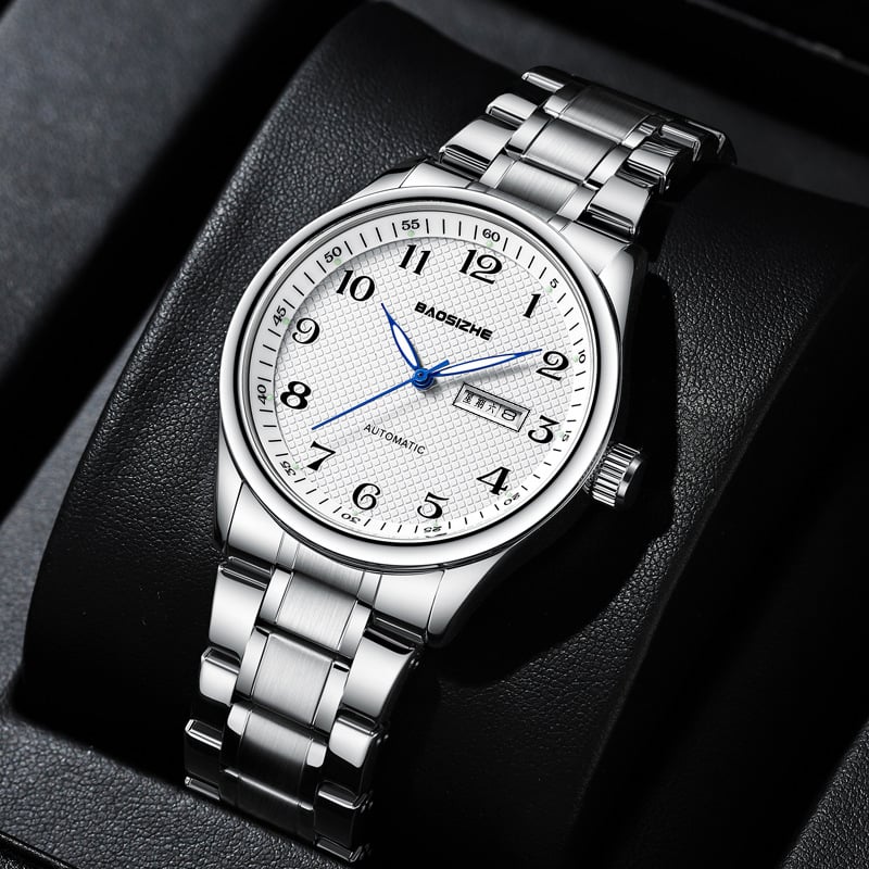 Bao Sizhe Pāris pulksteņi ar automātisko mehānismu, kalendārs un nedēļas rādītājs, gaismas rādītāji, īsta ādas siksna, ūdens izturība 30m