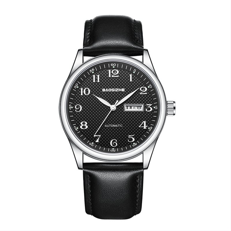 Bao Sizhe Pāris pulksteņi ar automātisko mehānismu, kalendārs un nedēļas rādītājs, gaismas rādītāji, īsta ādas siksna, ūdens izturība 30m