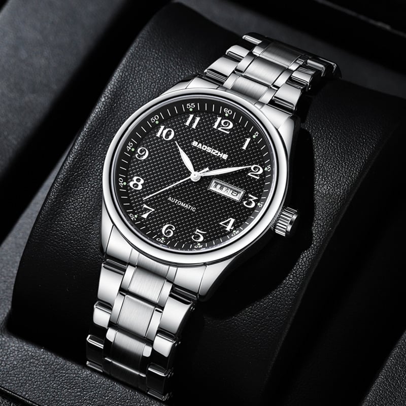 Bao Sizhe Pāris pulksteņi ar automātisko mehānismu, kalendārs un nedēļas rādītājs, gaismas rādītāji, īsta ādas siksna, ūdens izturība 30m