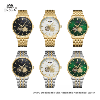 ORSGA Mehāniskais pulkstenis ar mēness fāzi un mehānisma skatlogu; Mehānisms: Oriģinālais mehānisis mehānisms (Āzijas izcelsme); Korpuss: sakausējums; Siksna: nerūsējošais tērauds; Ūdensizturība: 30M