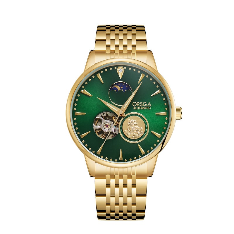 ORSGA Mehāniskais pulkstenis ar mēness fāzi un mehānisma skatlogu; Mehānisms: Oriģinālais mehānisis mehānisms (Āzijas izcelsme); Korpuss: sakausējums; Siksna: nerūsējošais tērauds; Ūdensizturība: 30M