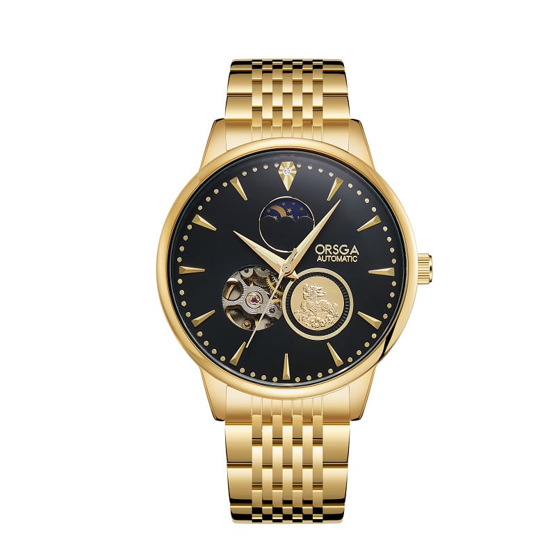 ORSGA Mehāniskais pulkstenis ar mēness fāzi un mehānisma skatlogu; Mehānisms: Oriģinālais mehānisis mehānisms (Āzijas izcelsme); Korpuss: sakausējums; Siksna: nerūsējošais tērauds; Ūdensizturība: 30M