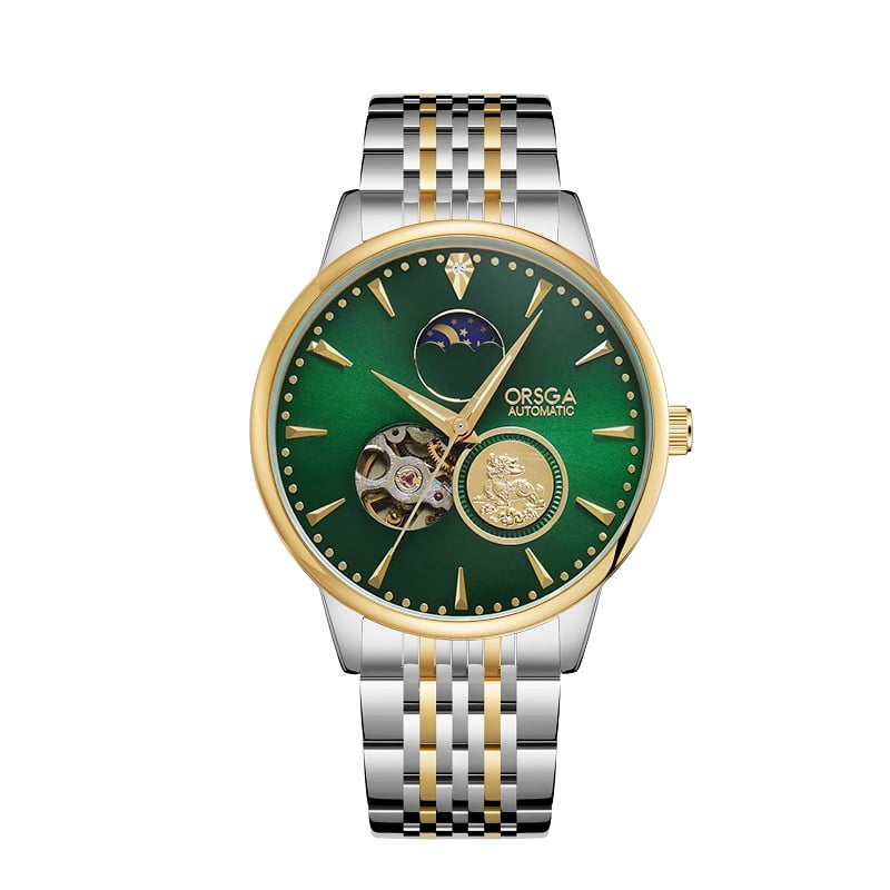 ORSGA Mehāniskais pulkstenis ar mēness fāzi un mehānisma skatlogu; Mehānisms: Oriģinālais mehānisis mehānisms (Āzijas izcelsme); Korpuss: sakausējums; Siksna: nerūsējošais tērauds; Ūdensizturība: 30M