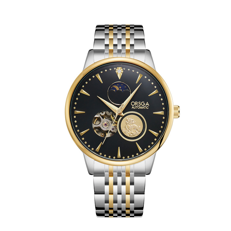 ORSGA Mehāniskais pulkstenis ar mēness fāzi un mehānisma skatlogu; Mehānisms: Oriģinālais mehānisis mehānisms (Āzijas izcelsme); Korpuss: sakausējums; Siksna: nerūsējošais tērauds; Ūdensizturība: 30M