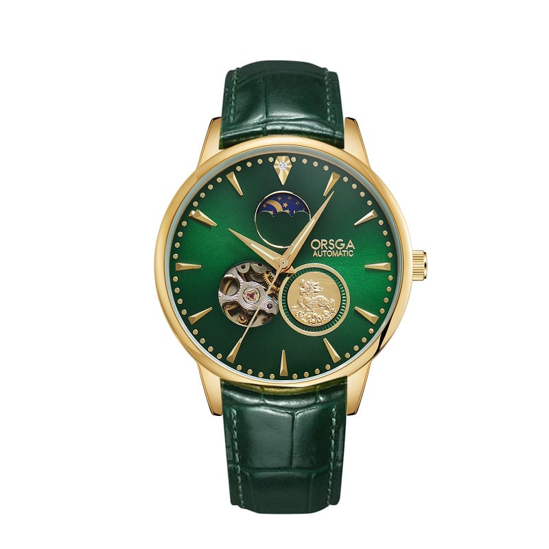 ORSGA Mehāniskais pulkstenis ar mēness fāzi un mehānisma skatlogu; Mehānisms: Oriģinālais mehānisis mehānisms (Āzijas izcelsme); Korpuss: sakausējums; Siksna: nerūsējošais tērauds; Ūdensizturība: 30M