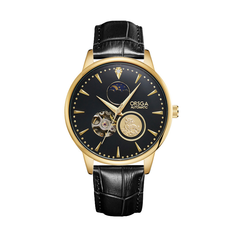 ORSGA Mehāniskais pulkstenis ar mēness fāzi un mehānisma skatlogu; Mehānisms: Oriģinālais mehānisis mehānisms (Āzijas izcelsme); Korpuss: sakausējums; Siksna: nerūsējošais tērauds; Ūdensizturība: 30M
