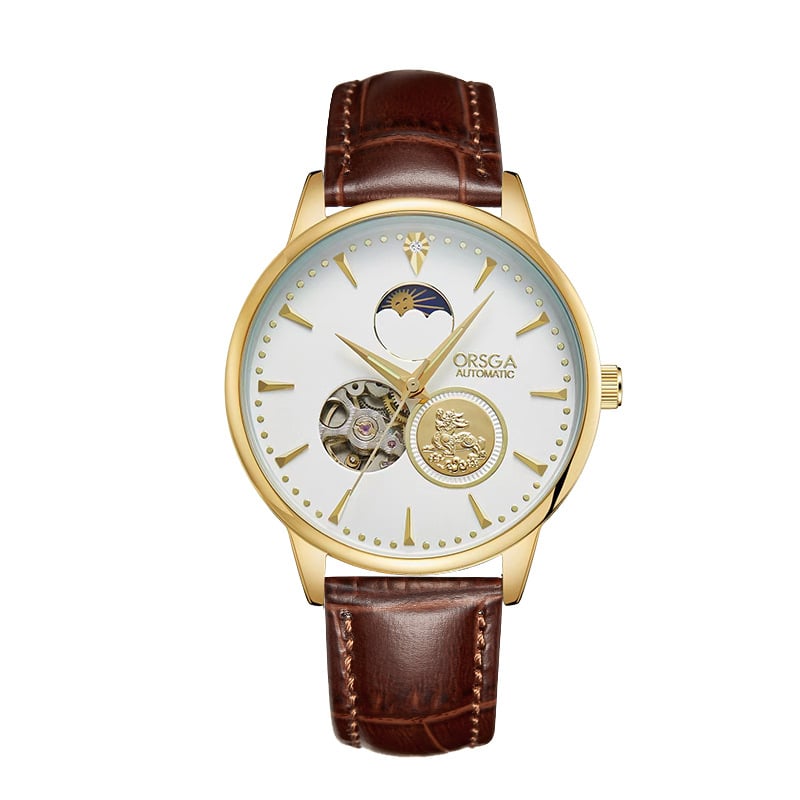 ORSGA Mehāniskais pulkstenis ar mēness fāzi un mehānisma skatlogu; Mehānisms: Oriģinālais mehānisis mehānisms (Āzijas izcelsme); Korpuss: sakausējums; Siksna: nerūsējošais tērauds; Ūdensizturība: 30M
