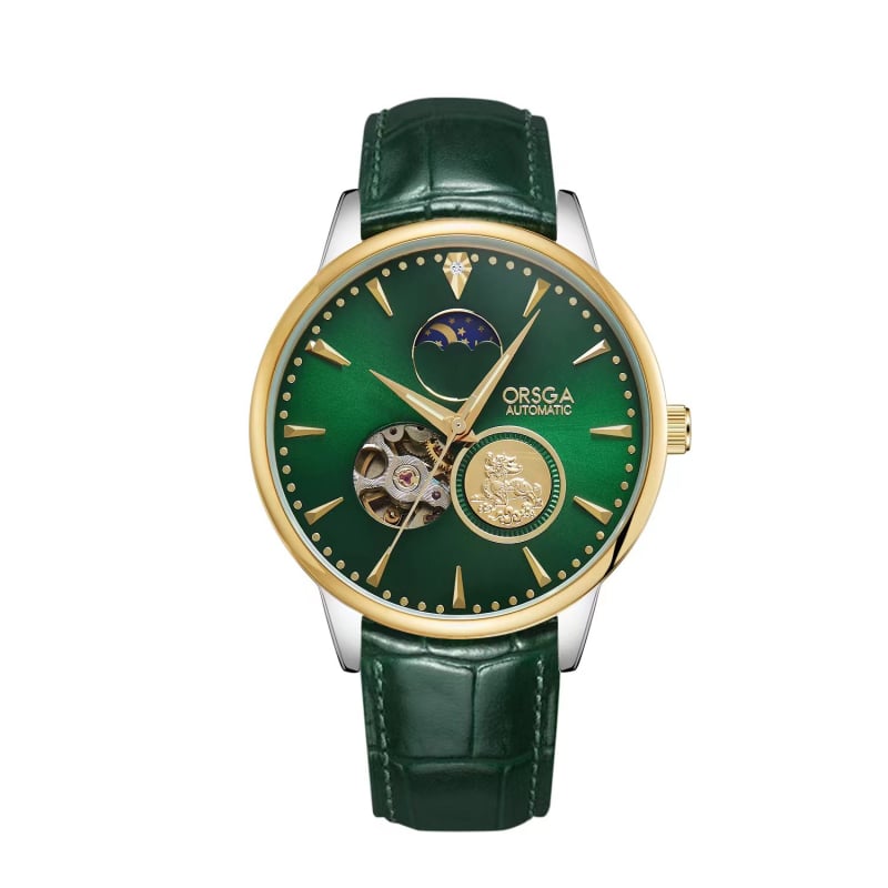 ORSGA Mehāniskais pulkstenis ar mēness fāzi un mehānisma skatlogu; Mehānisms: Oriģinālais mehānisis mehānisms (Āzijas izcelsme); Korpuss: sakausējums; Siksna: nerūsējošais tērauds; Ūdensizturība: 30M