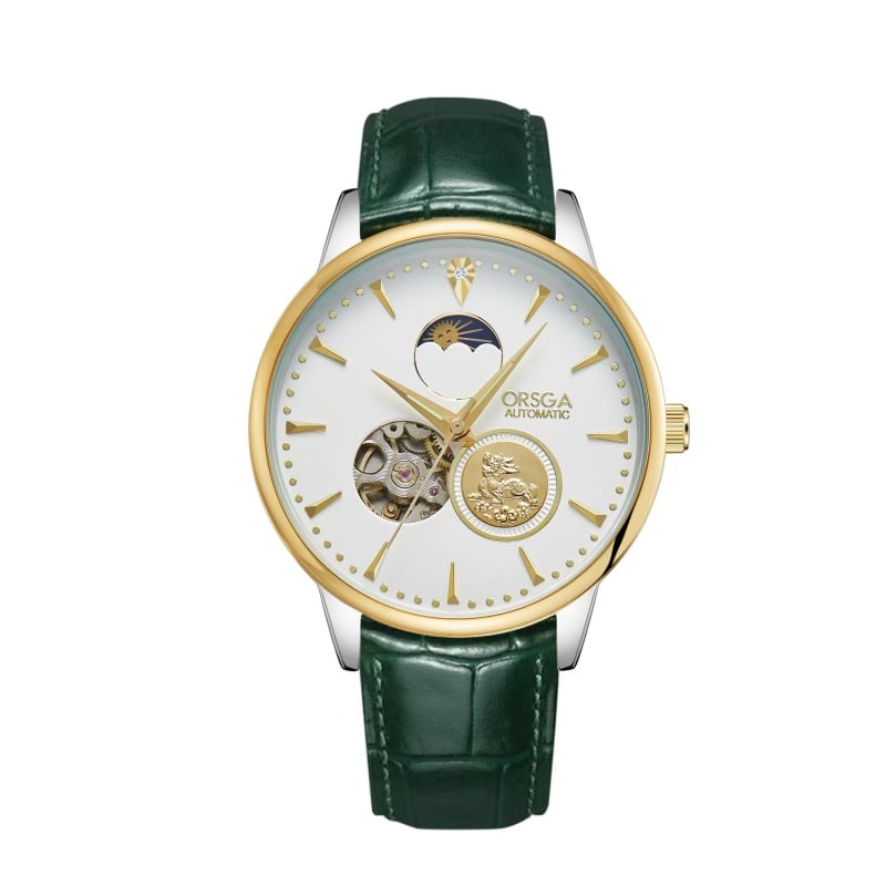 ORSGA Mehāniskais pulkstenis ar mēness fāzi un mehānisma skatlogu; Mehānisms: Oriģinālais mehānisis mehānisms (Āzijas izcelsme); Korpuss: sakausējums; Siksna: nerūsējošais tērauds; Ūdensizturība: 30M