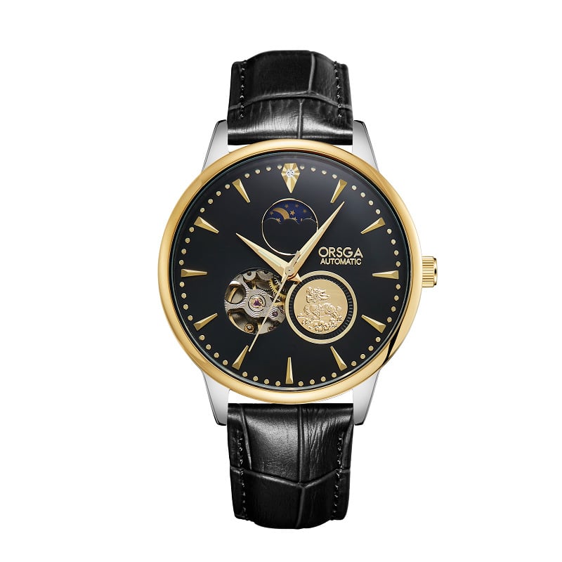 ORSGA Mehāniskais pulkstenis ar mēness fāzi un mehānisma skatlogu; Mehānisms: Oriģinālais mehānisis mehānisms (Āzijas izcelsme); Korpuss: sakausējums; Siksna: nerūsējošais tērauds; Ūdensizturība: 30M