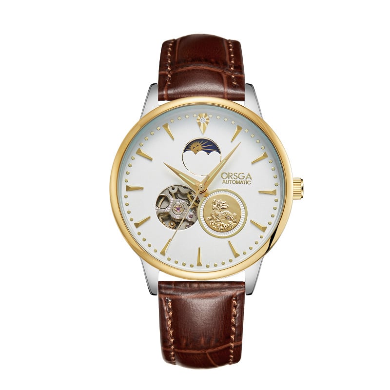 ORSGA Mehāniskais pulkstenis ar mēness fāzi un mehānisma skatlogu; Mehānisms: Oriģinālais mehānisis mehānisms (Āzijas izcelsme); Korpuss: sakausējums; Siksna: nerūsējošais tērauds; Ūdensizturība: 30M