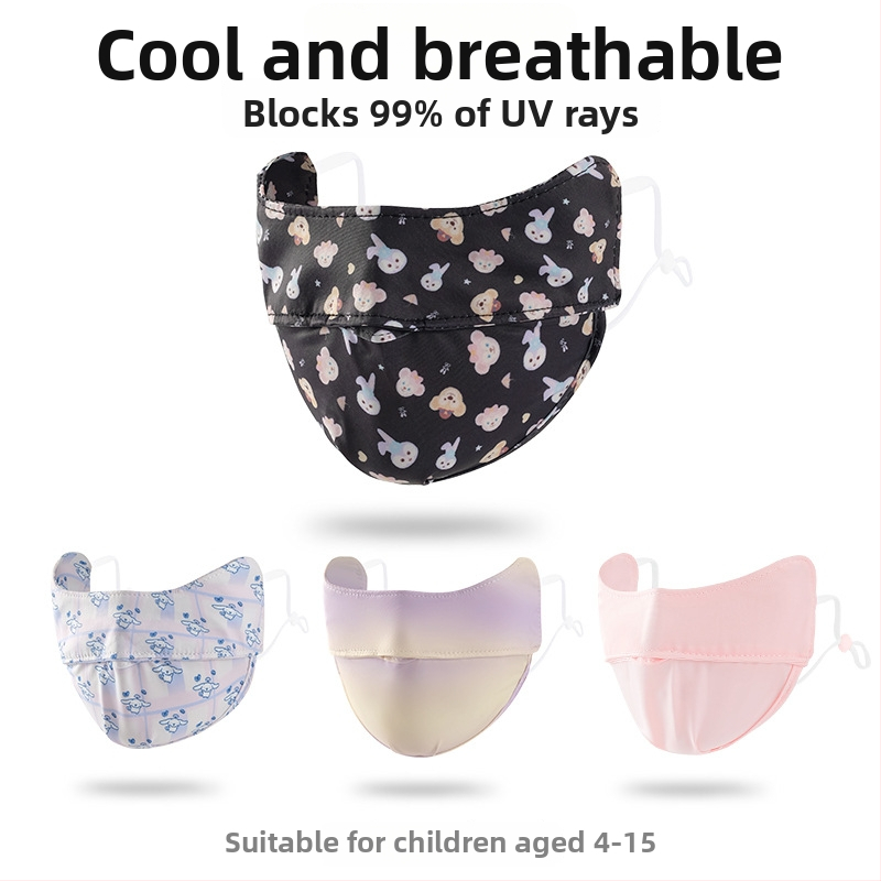 Detská maska z Ice Silk, UV ochrana UPF50+, karikatúrny dizajn, uchytenie na ucho, saténový povrch