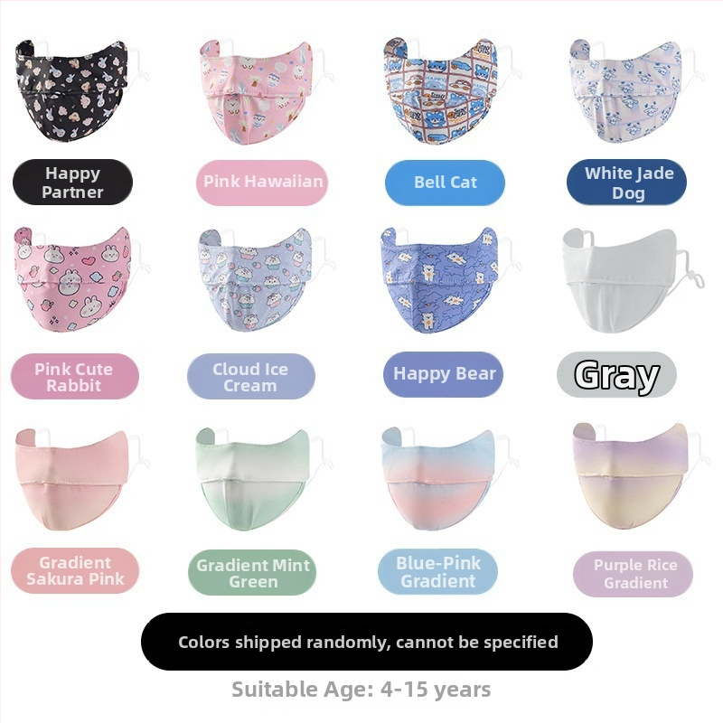 Detská maska z Ice Silk, UV ochrana UPF50+, karikatúrny dizajn, uchytenie na ucho, saténový povrch