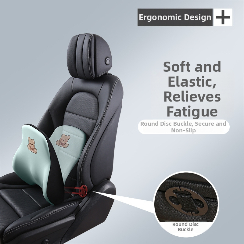 Automašīnas galvas balsts no memory foam, ārējais materiāls: sintētiskās šķiedras, raksts: apskājošais lācis, stils: karikatūra, piemērots visiem gadalaikiem