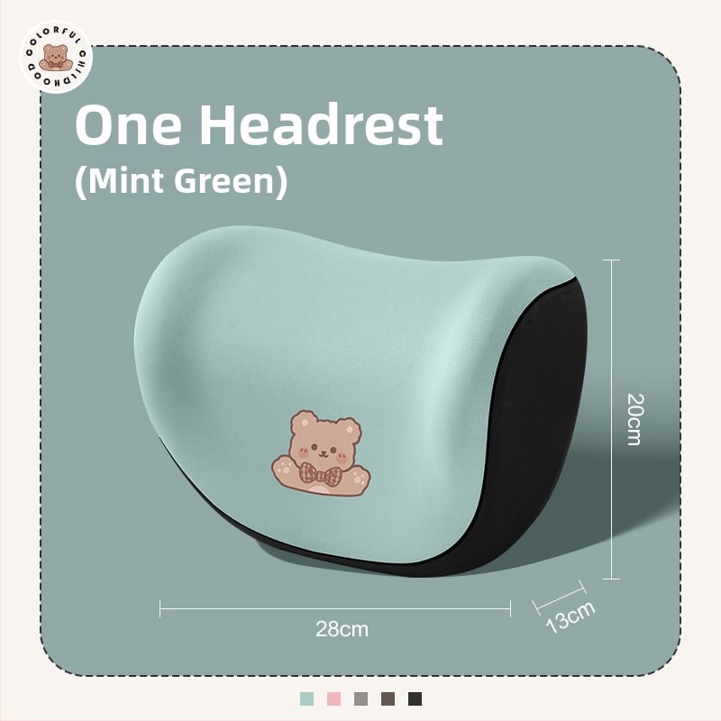 Automašīnas galvas balsts no memory foam, ārējais materiāls: sintētiskās šķiedras, raksts: apskājošais lācis, stils: karikatūra, piemērots visiem gadalaikiem