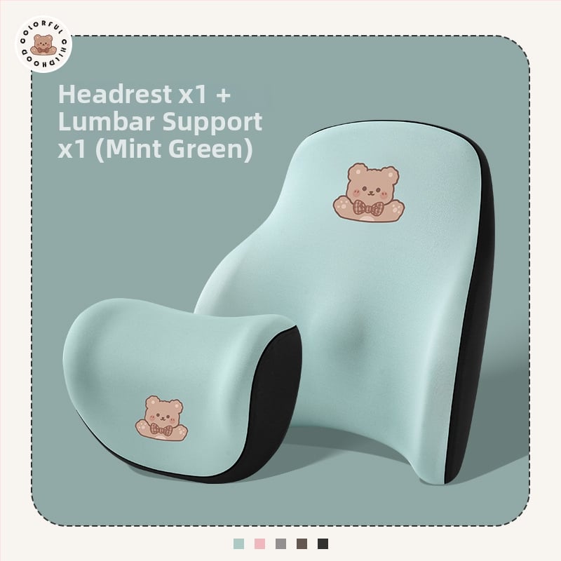 Automašīnas galvas balsts no memory foam, ārējais materiāls: sintētiskās šķiedras, raksts: apskājošais lācis, stils: karikatūra, piemērots visiem gadalaikiem