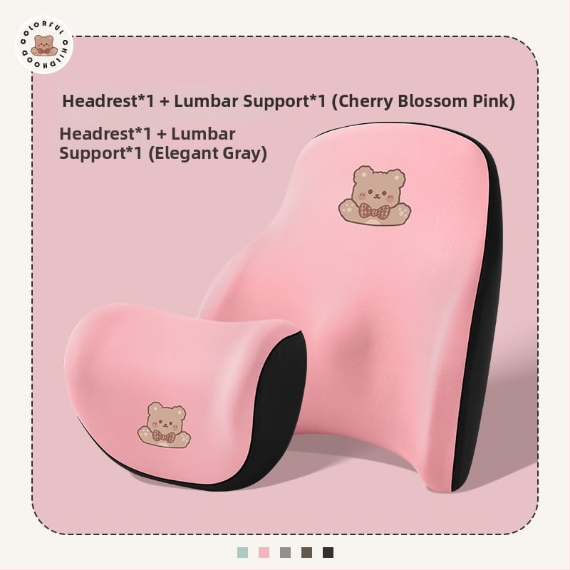 Automašīnas galvas balsts no memory foam, ārējais materiāls: sintētiskās šķiedras, raksts: apskājošais lācis, stils: karikatūra, piemērots visiem gadalaikiem