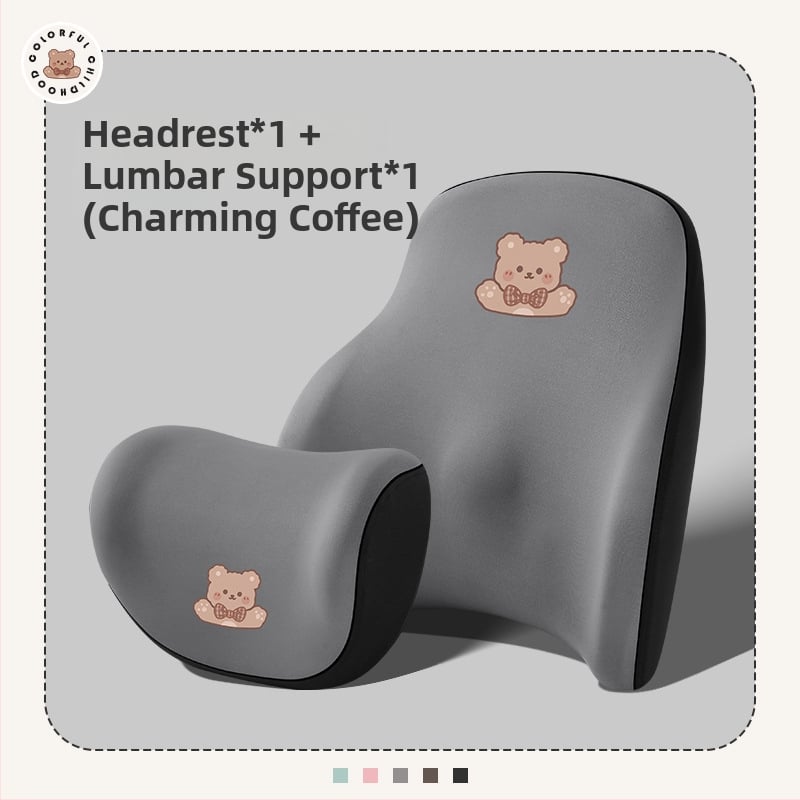 Automašīnas galvas balsts no memory foam, ārējais materiāls: sintētiskās šķiedras, raksts: apskājošais lācis, stils: karikatūra, piemērots visiem gadalaikiem