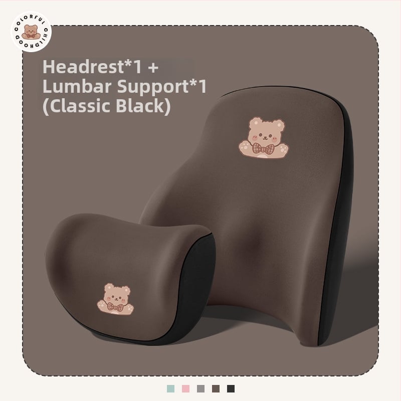 Automašīnas galvas balsts no memory foam, ārējais materiāls: sintētiskās šķiedras, raksts: apskājošais lācis, stils: karikatūra, piemērots visiem gadalaikiem