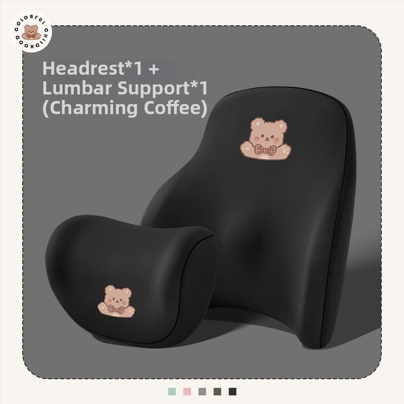 Automašīnas galvas balsts no memory foam, ārējais materiāls: sintētiskās šķiedras, raksts: apskājošais lācis, stils: karikatūra, piemērots visiem gadalaikiem