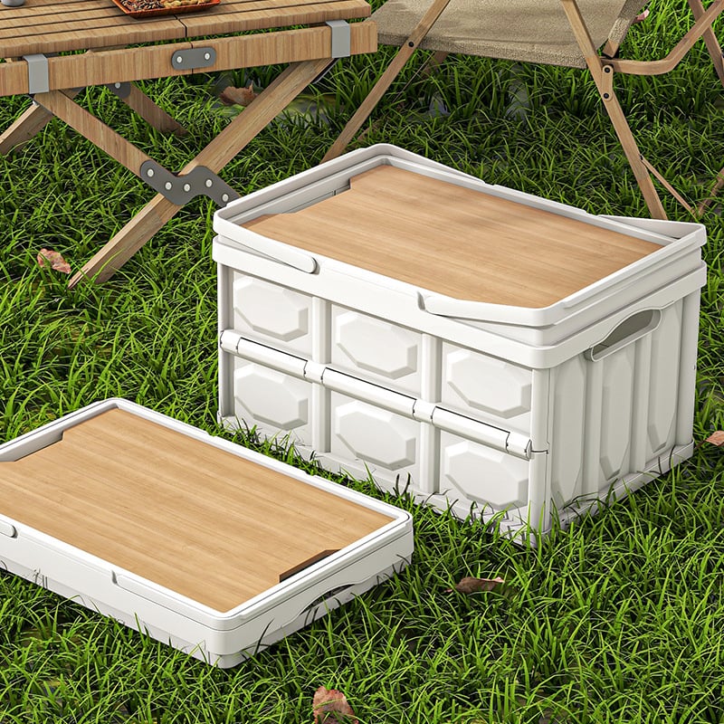 Sulankstoma laikymo dėžė su mediniu dangteliu ir rankena; talpa 30–40 L; PP medžiaga