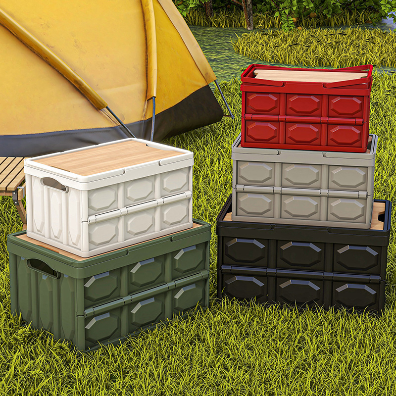 Sulankstoma laikymo dėžė su mediniu dangteliu ir rankena; talpa 30–40 L; PP medžiaga