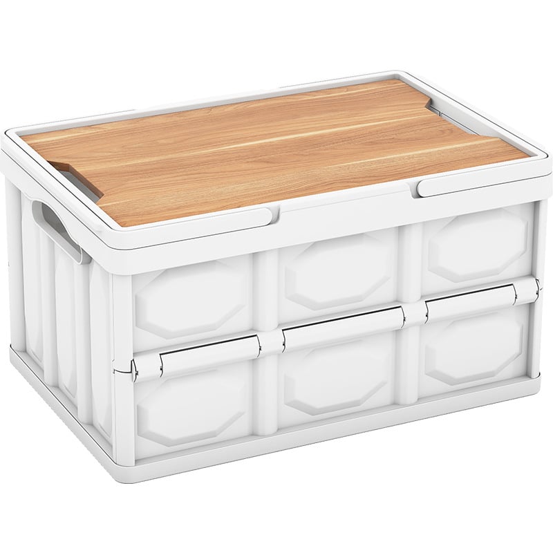 Sulankstoma laikymo dėžė su mediniu dangteliu ir rankena; talpa 30–40 L; PP medžiaga