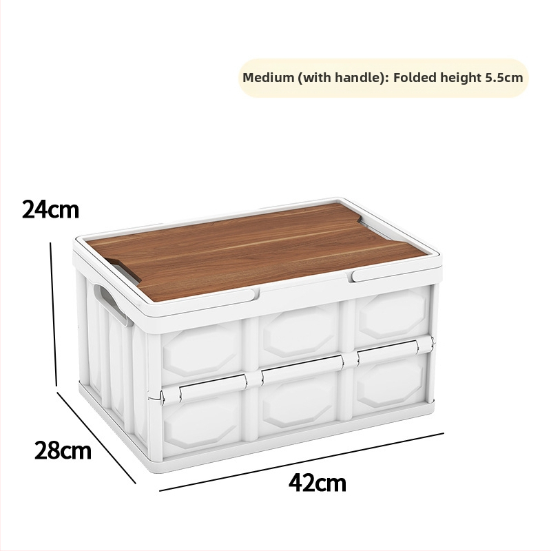 Sulankstoma laikymo dėžė su mediniu dangteliu ir rankena; talpa 30–40 L; PP medžiaga