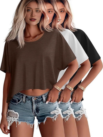 Set od 3 ženskih cropped majica s kratkim rukavima, okruglim izrezom, batwing rukavima, širok kroj