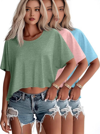 Set od 3 ženskih cropped majica s kratkim rukavima, okruglim izrezom, batwing rukavima, širok kroj